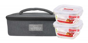 Locknlock Glass Lunch Box With Lunch Bag, 380ml, Set Of 2, Grey | ROW-960482