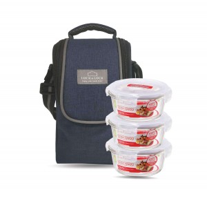 Locknlock Glass Round Lunch Box With Lunch Bag | (380ml x Set Of 3 Piece) - Blue | QIY-726954