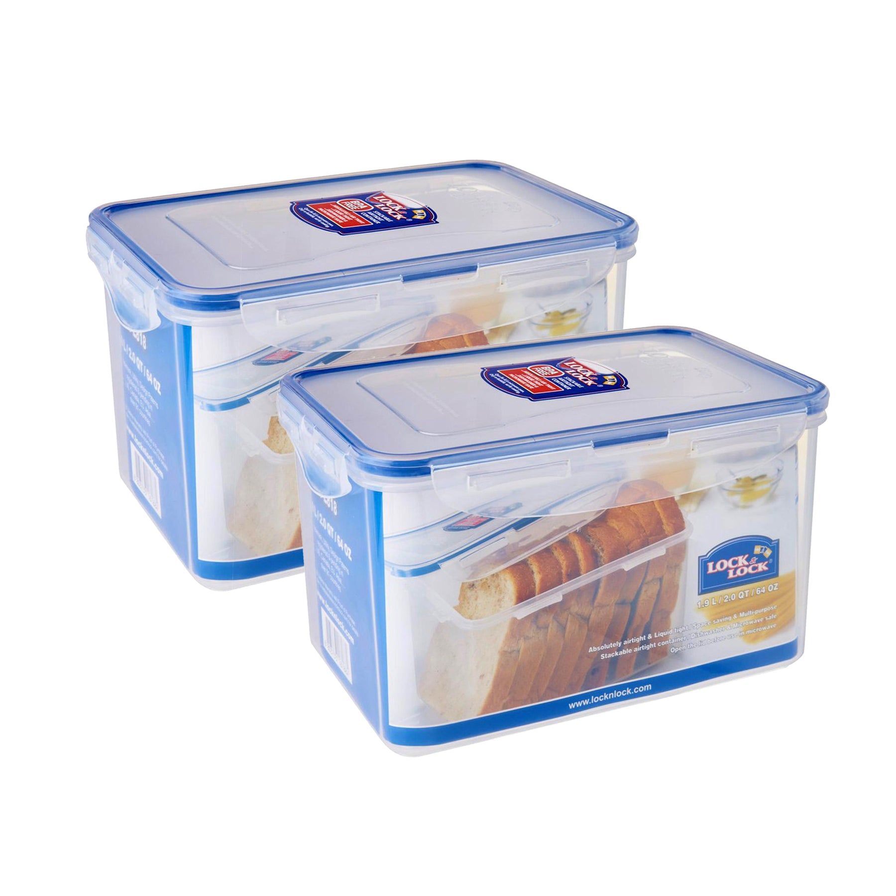 Locknlock Classics Rectangular Plastic Airtight Bread Storage Container, 1.9 Liter, Set Of 2 | COH-724086