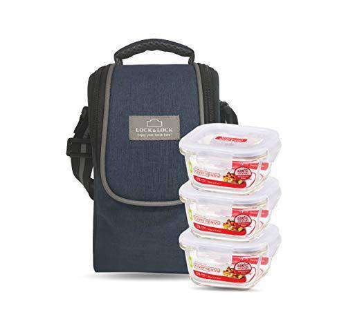 Locknlock Glass Lunch Box With Lunch Bag | (300ml x Set Of 3 Piece) - Blue (Square) | PFA-930458