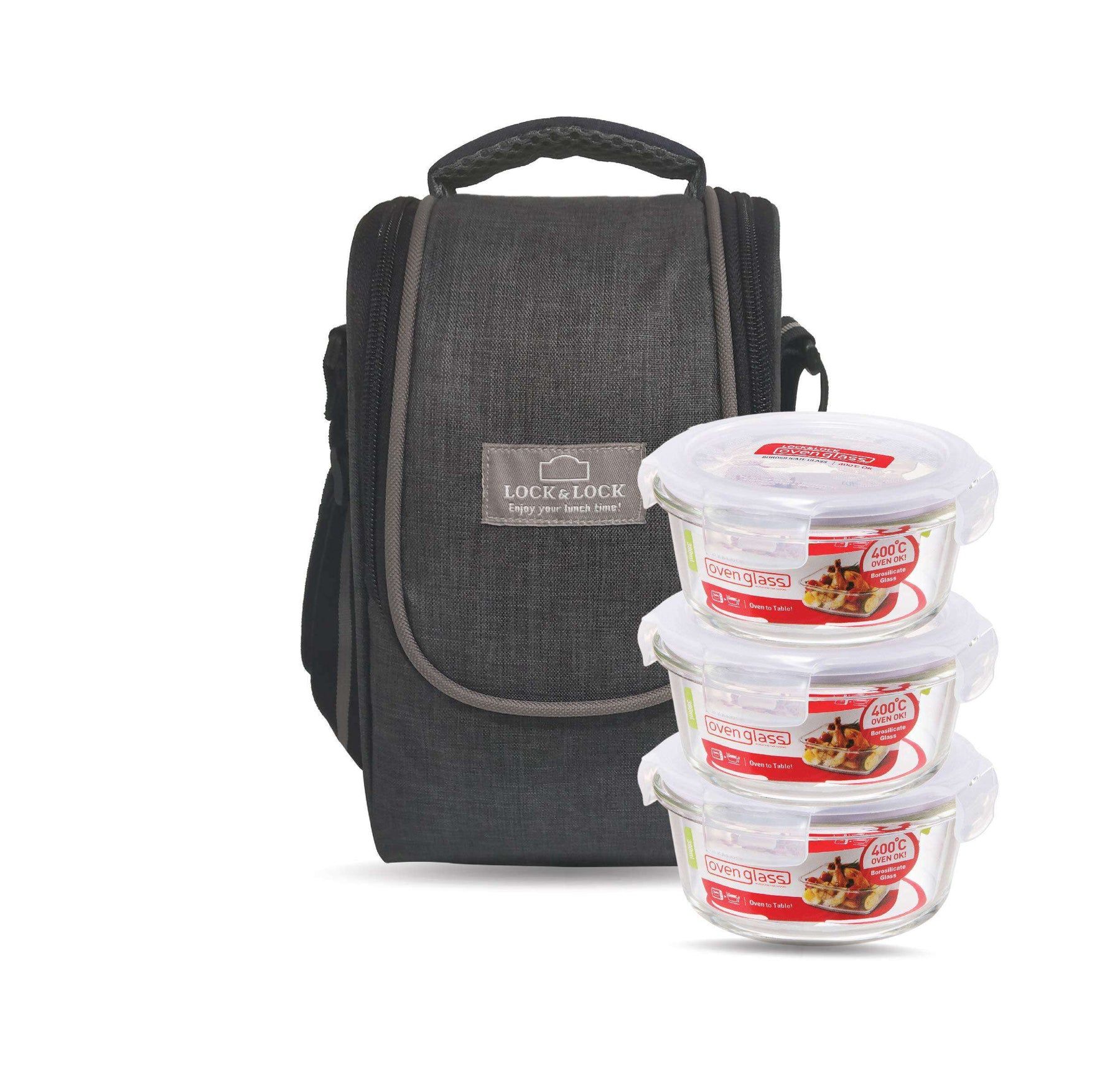 Locknlock Glass Lunch Box With Lunch Bag (Set Of 3 Piece) | HVD-519306