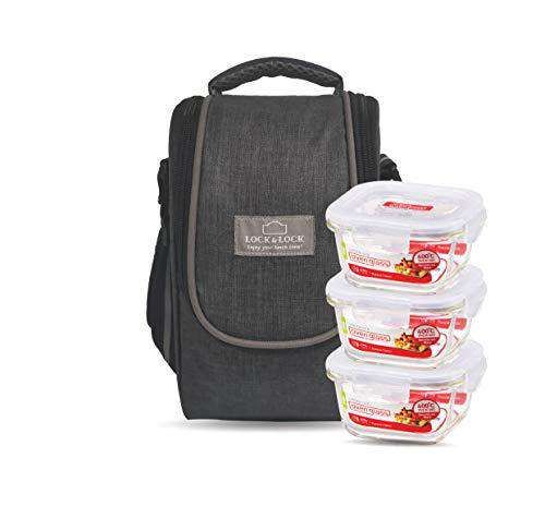 Locknlock Glass Lunch Box With Lunch Bag | (300ml Set x Of 3 Piece) Grey | XWC-516724