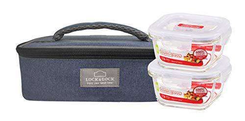 Locknlock Glass Lunch Box With Lunch Bag | ( 300ml x Set Of 3 Piece) Blue | QUN-839605