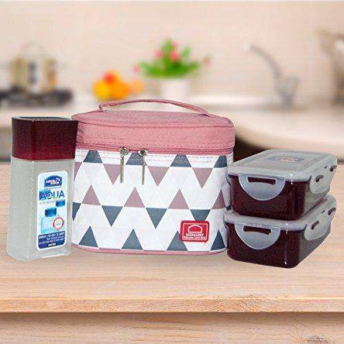 Locknlock Plastic Lunch Box Set With Bag, 3-pieces, Pink | CAW-309476