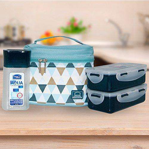 Locknlock Plastic Lunch Box Set With Bag, 3-pieces, Blue | RBL-671950