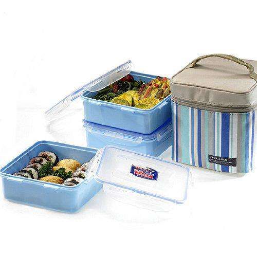 Locknlock Plastic Lunch Box Set With Insulated Stripe Bag, 3 Pieces, Blue | FEP-532147