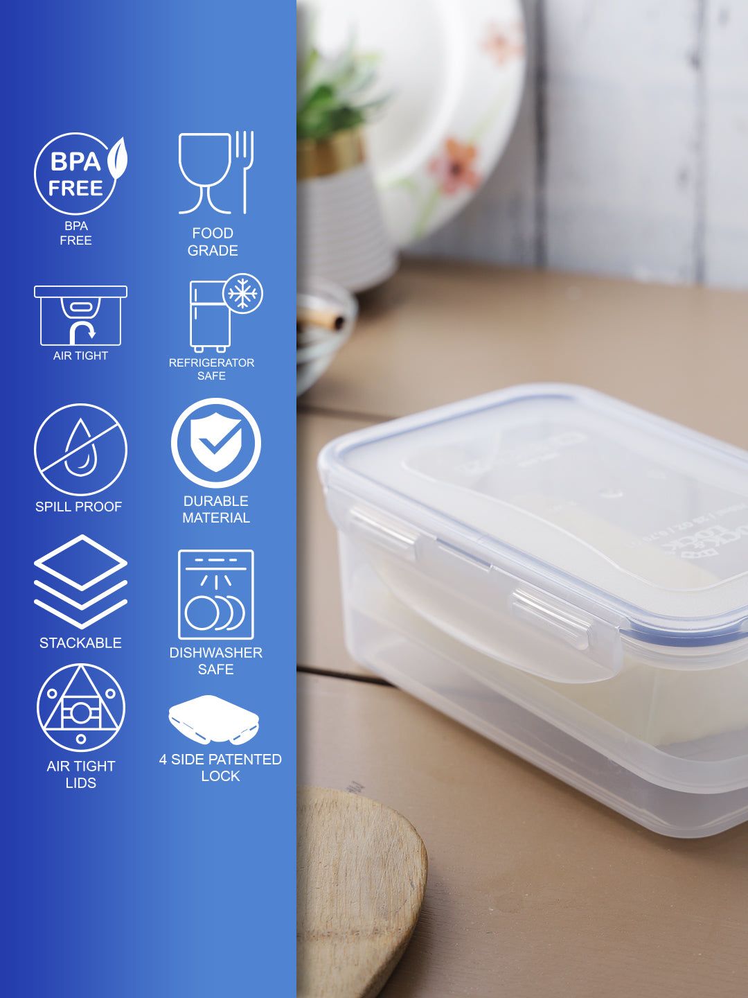 Locknlock Rectangular Plastic Airtight Food Storage Container With Leak Proof Lid, Transparent, (750ml + 1.9ltr) | LGY-013274